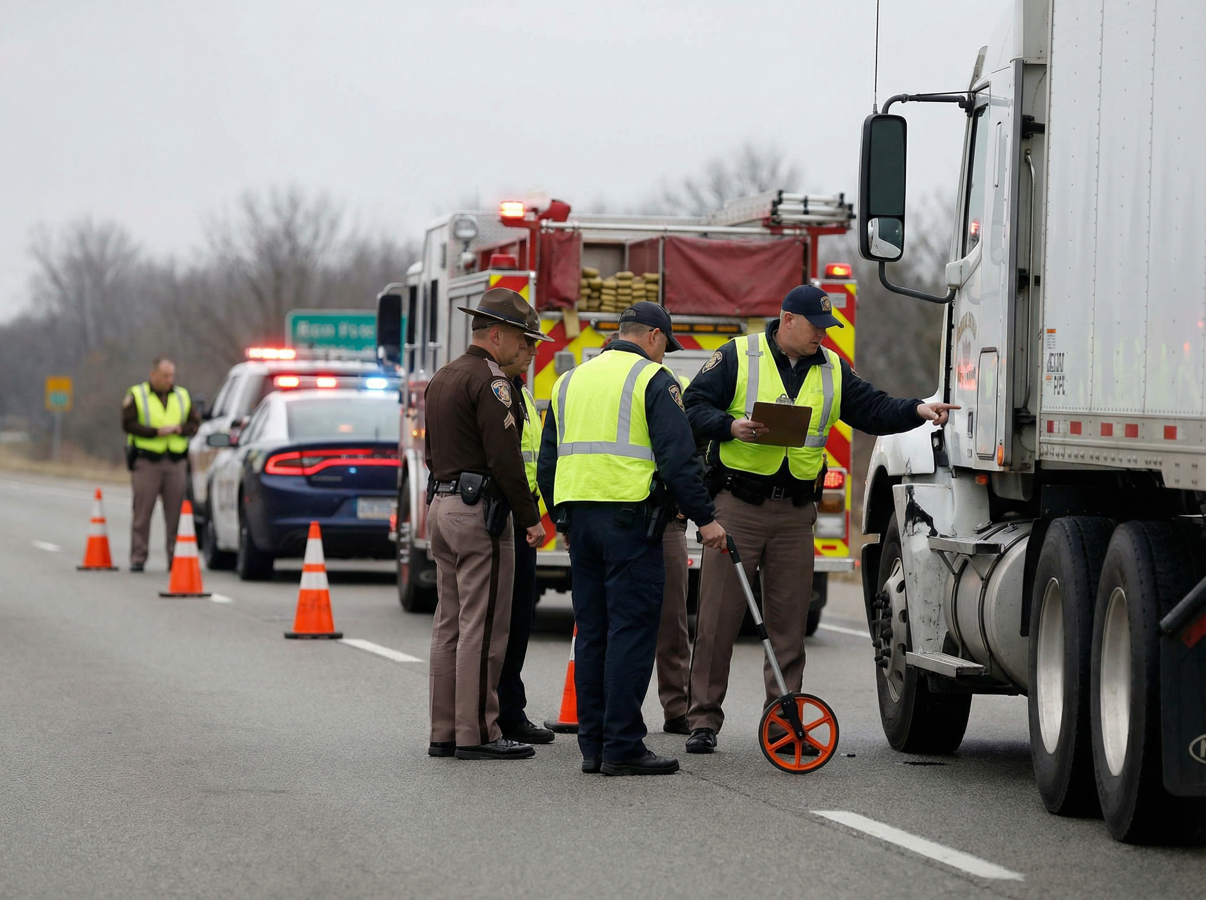 Commercial vehicle accident scene with emergency response